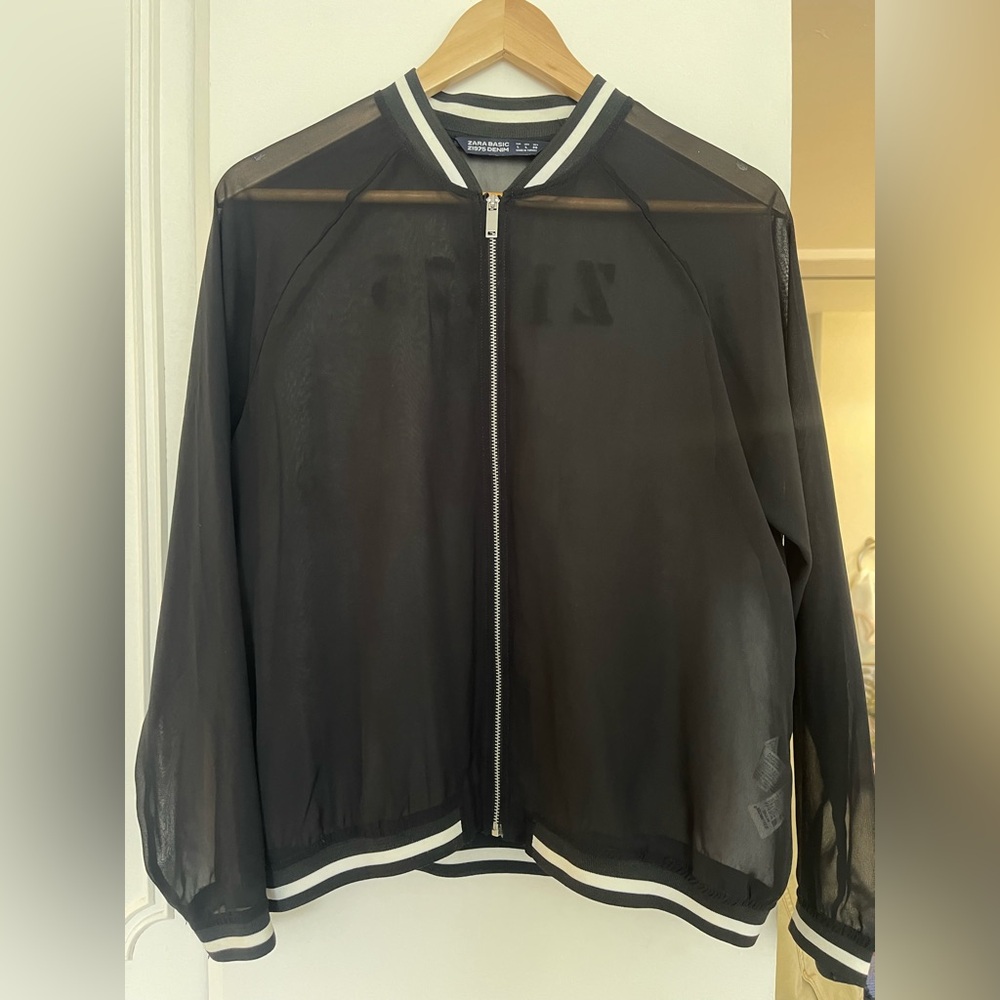 Zara Black Sheer Zip up Bomber Jacket